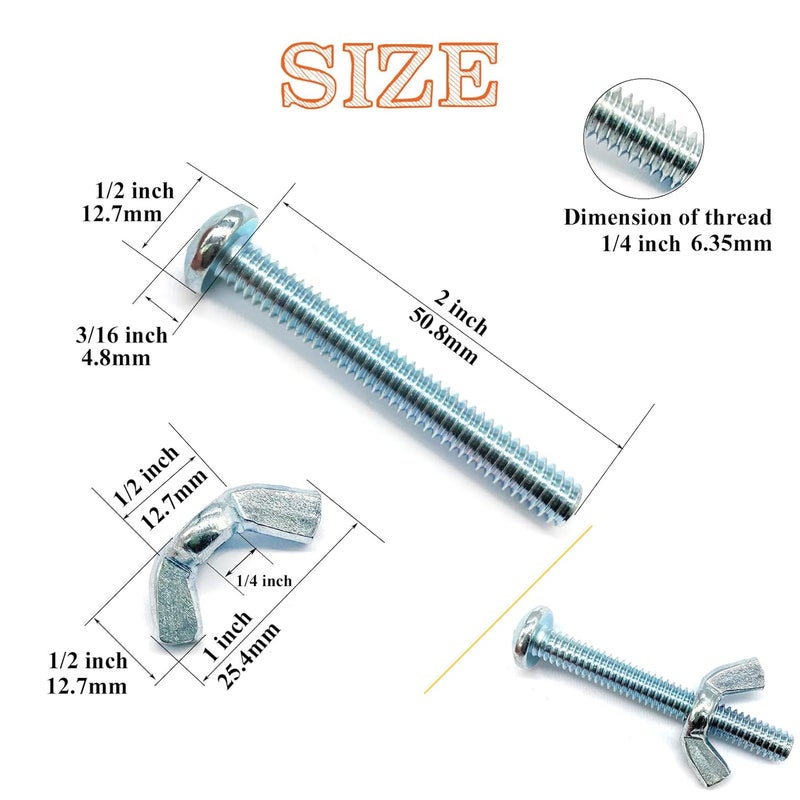 Matrelt 20Pack 1/4"-20 x2 Screw Bolts and Wing Nut Kit 10pcs Machine Screws with Round Head Phillips 10pcs Butterfly Hand Twist Tighten Nut Zinc Plated Hardware Fitting Fastenings Assortment Kit - Image 2